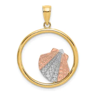 14K Two Tone Gold, White Rhodium Polished Finish Sea Scallop Shell In Circle Design Charm Pendant