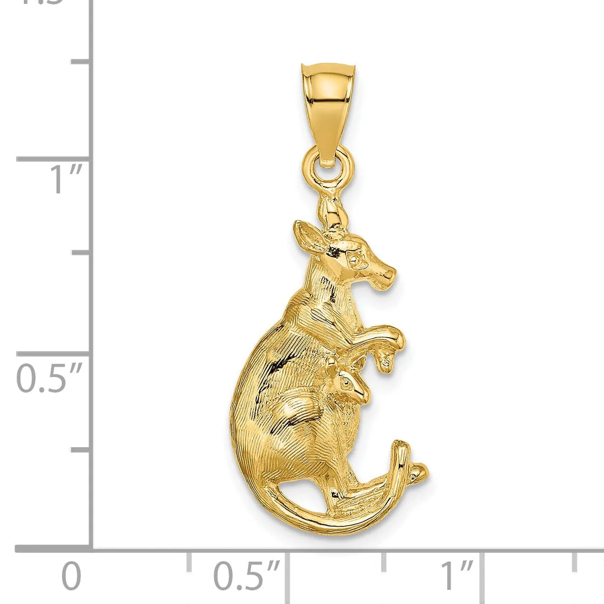 14K Yellow Gold Polished Finish 2-Dimensional Kangaroo with Baby in Pouch Design Charm Pendant