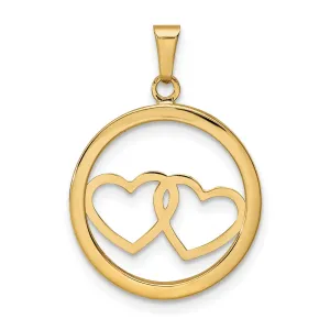 14K Yellow Gold Polished Finish3-Dimensional Double Heart in Circle Design Charm Pendant