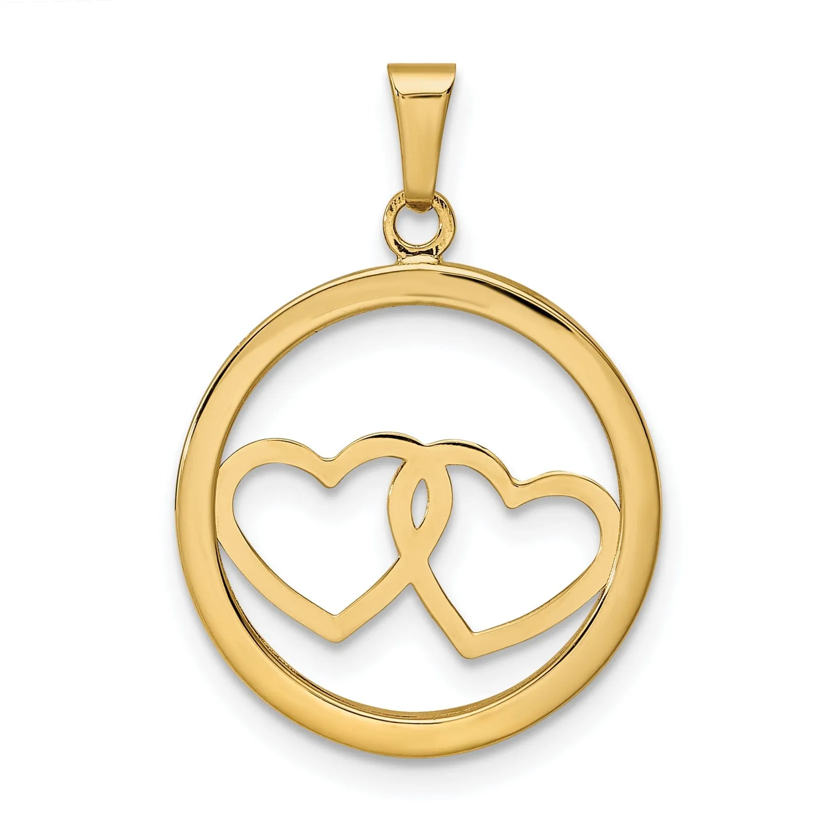 14K Yellow Gold Polished Finish3-Dimensional Double Heart in Circle Design Charm Pendant