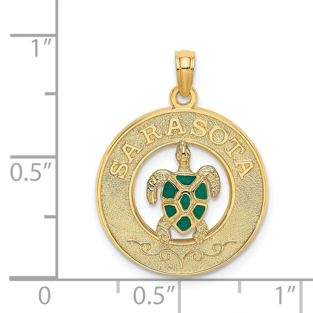 14K Yellow Gold Polished Textured Green, Color Enameled Finish SARASOTA with Turtle in Circle Design Charm Pendant