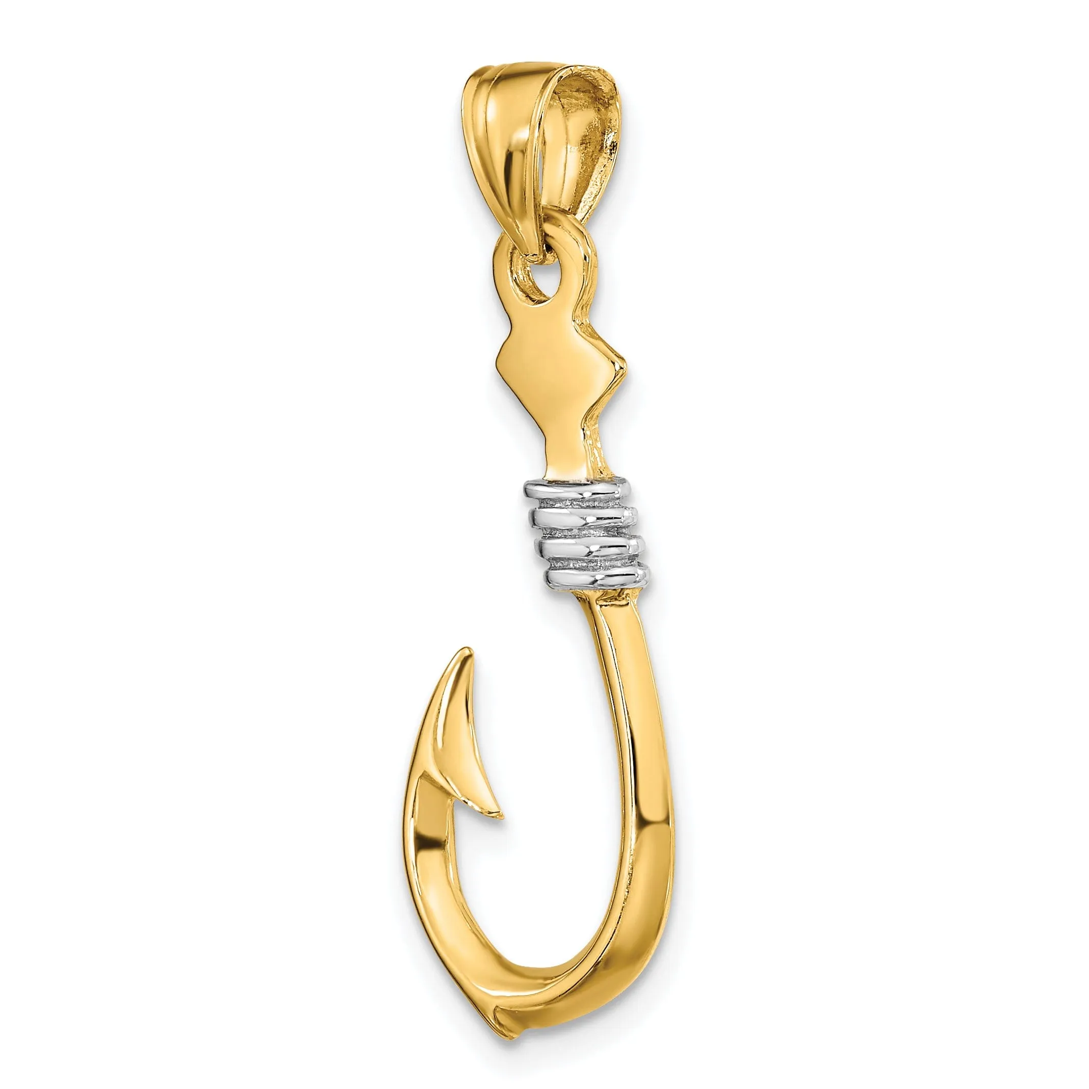 14K Yellow Gold White Rhodium 3-Dimensional Fish Hook With Rope Design Charm Pendant