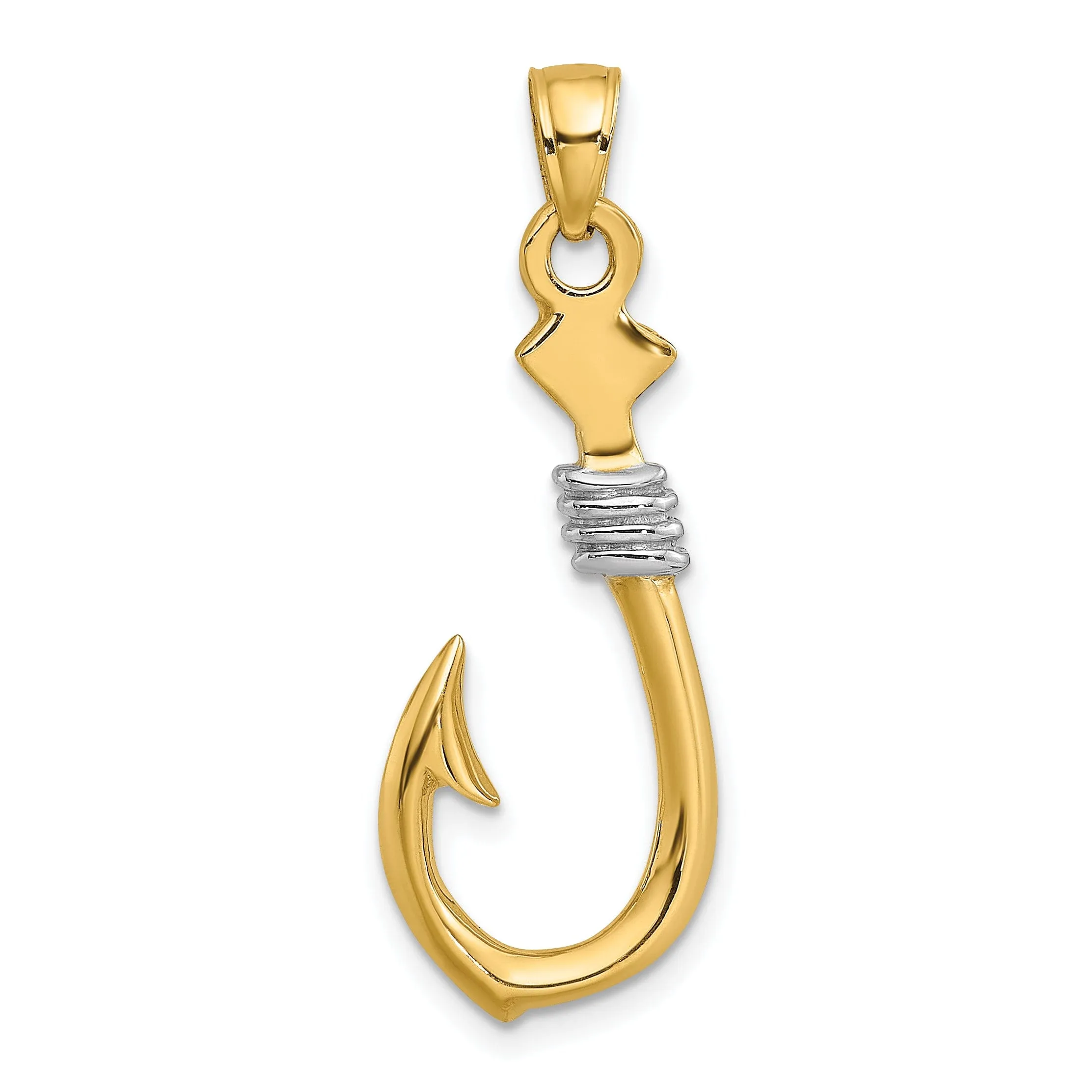 14K Yellow Gold White Rhodium 3-Dimensional Fish Hook With Rope Design Charm Pendant