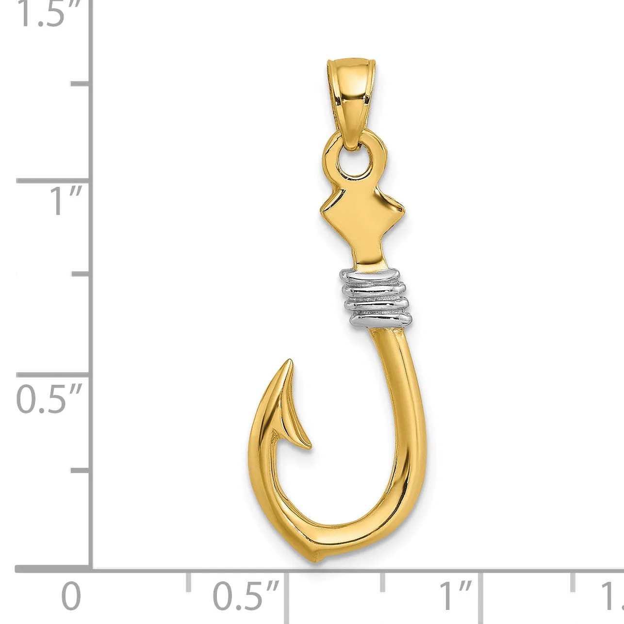 14K Yellow Gold White Rhodium 3-Dimensional Fish Hook With Rope Design Charm Pendant