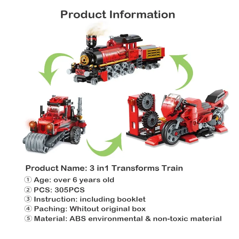 3in1 High-Tech Creative City Train Building Blocks Motorcycle Road Roller Bricks DIY kid Transform Train Toys Children Gift