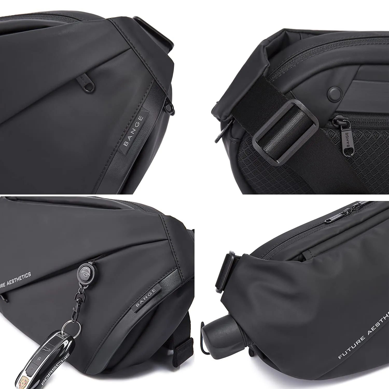 BANGE Water Resistant Polyester Unisex Travel Crossbody Sling Bag Chest Pack (Black)