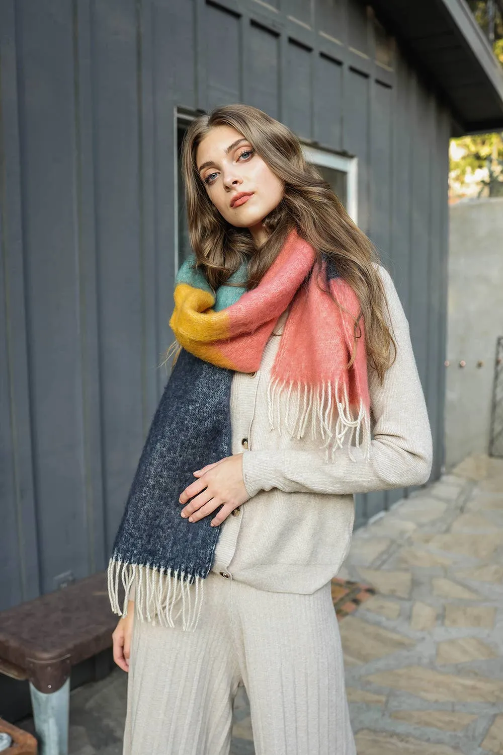 Color Block Soft Faux Mohair Scarf in Green and Orange