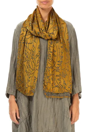 Golden Olive Devoré Feather Silk Scarf