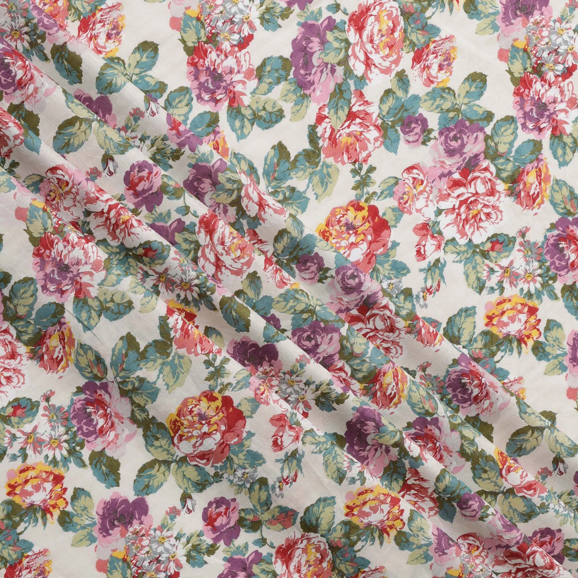 Ivory Japanese Cotton Voile Fabric, Vibrant Floral Print in Pink, Purple & Green, 110 cm Width-D20908