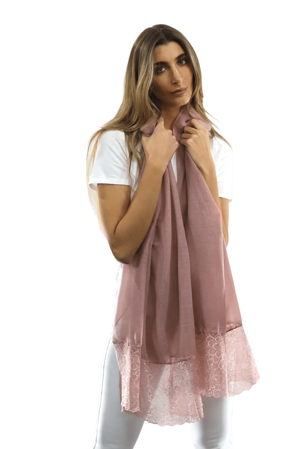 La Fiorentina Embroidery Laced Trim Scarf- Blush