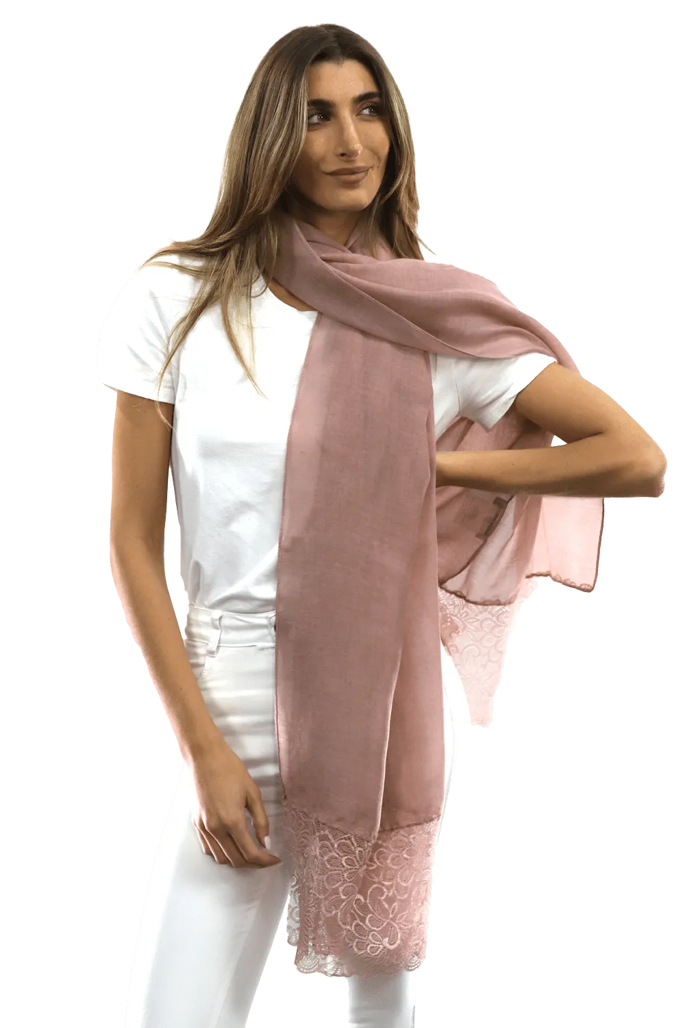 La Fiorentina Embroidery Laced Trim Scarf- Blush