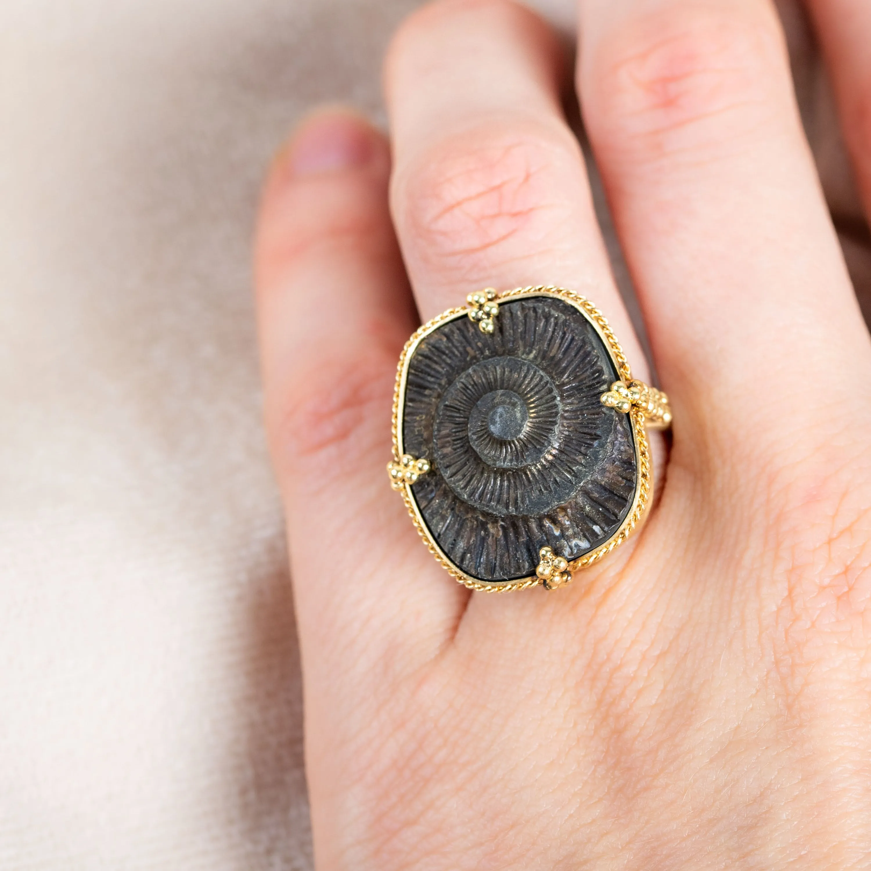 Large Pyritized Ammonite Negative 18k One-of-a-Kind Ring