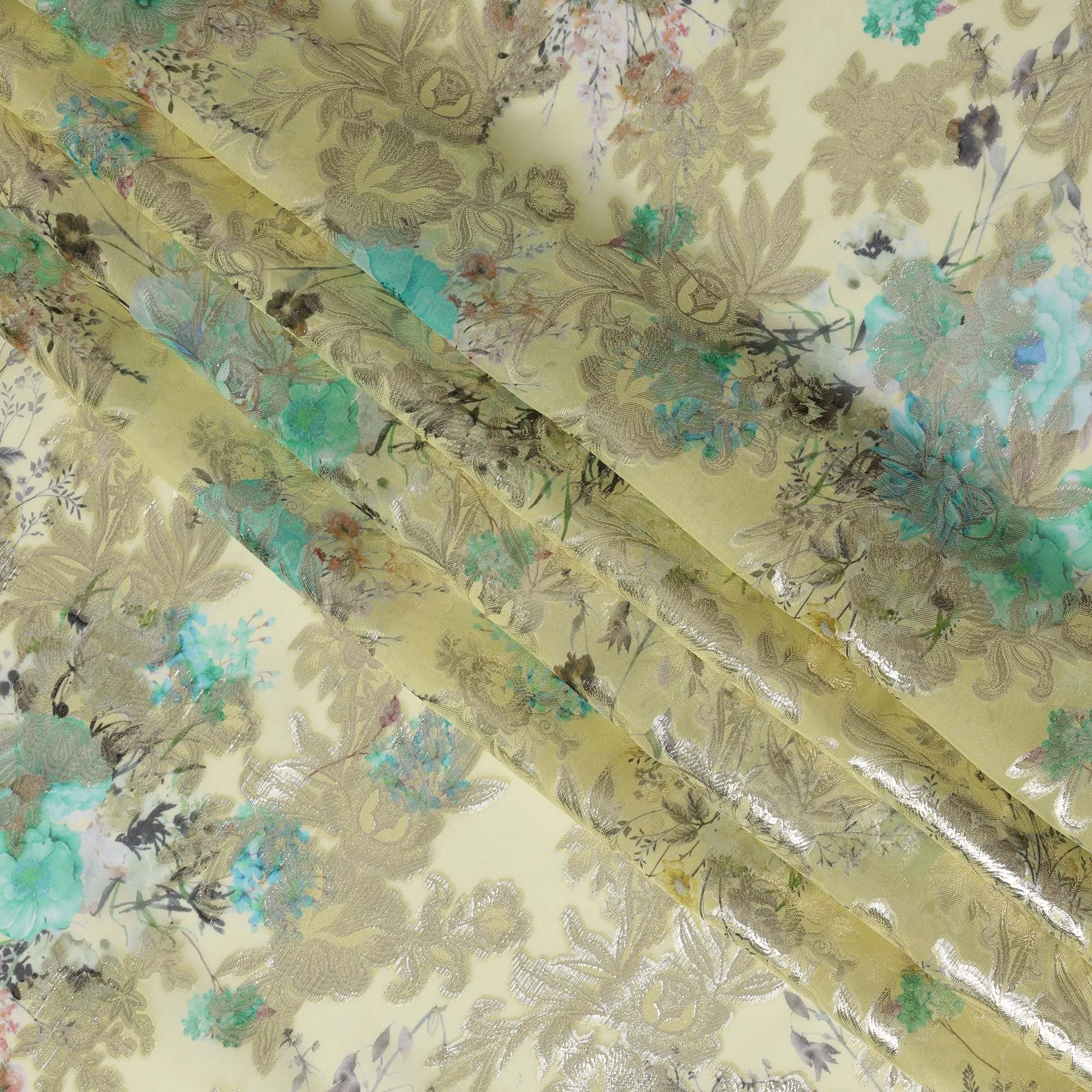 Lemon Yellow Floral Silk Chiffon Fabric with Metallic Lurex, Width 140 cm, South Korea-D21269