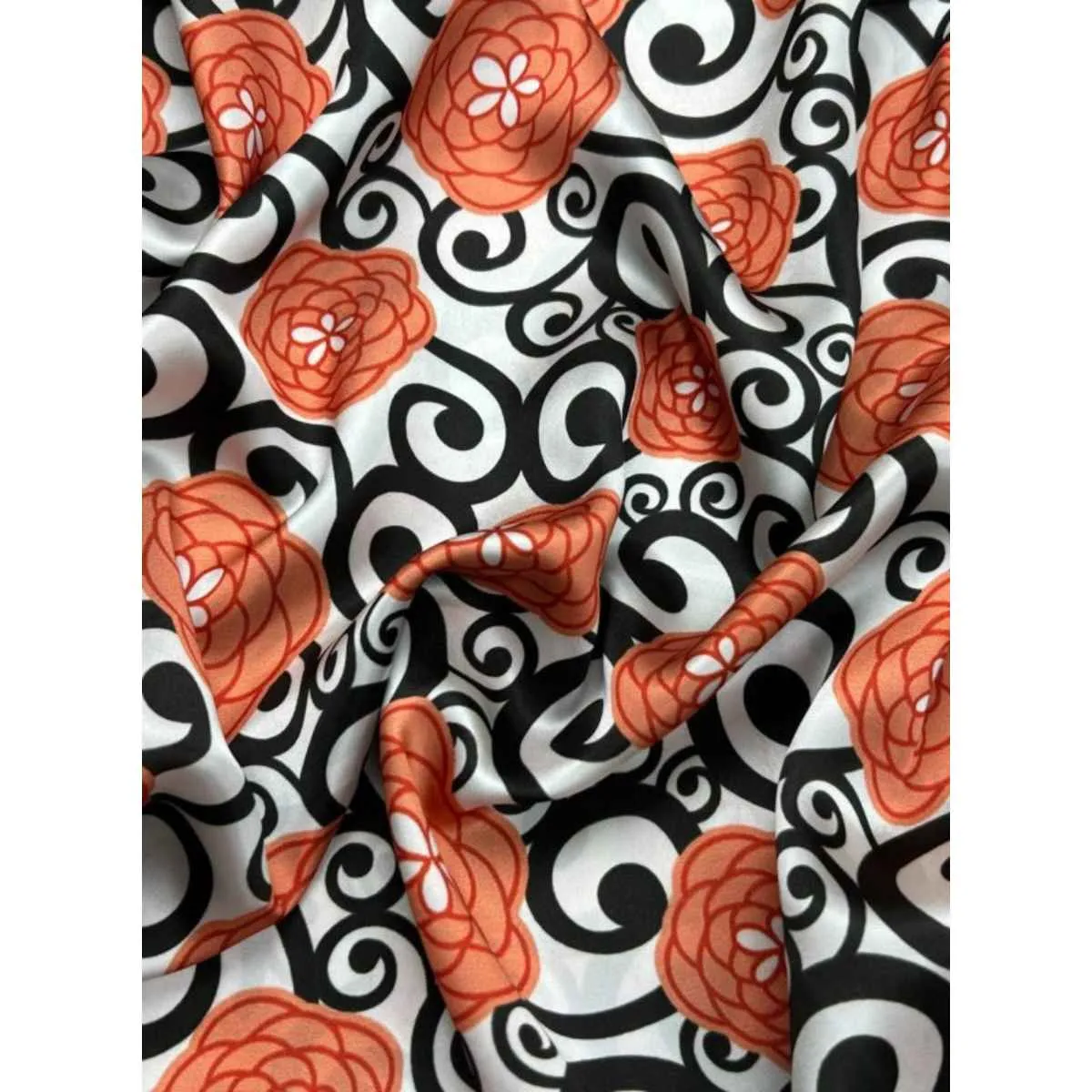 Orange And Black Printed Shamoz Silk Fabric