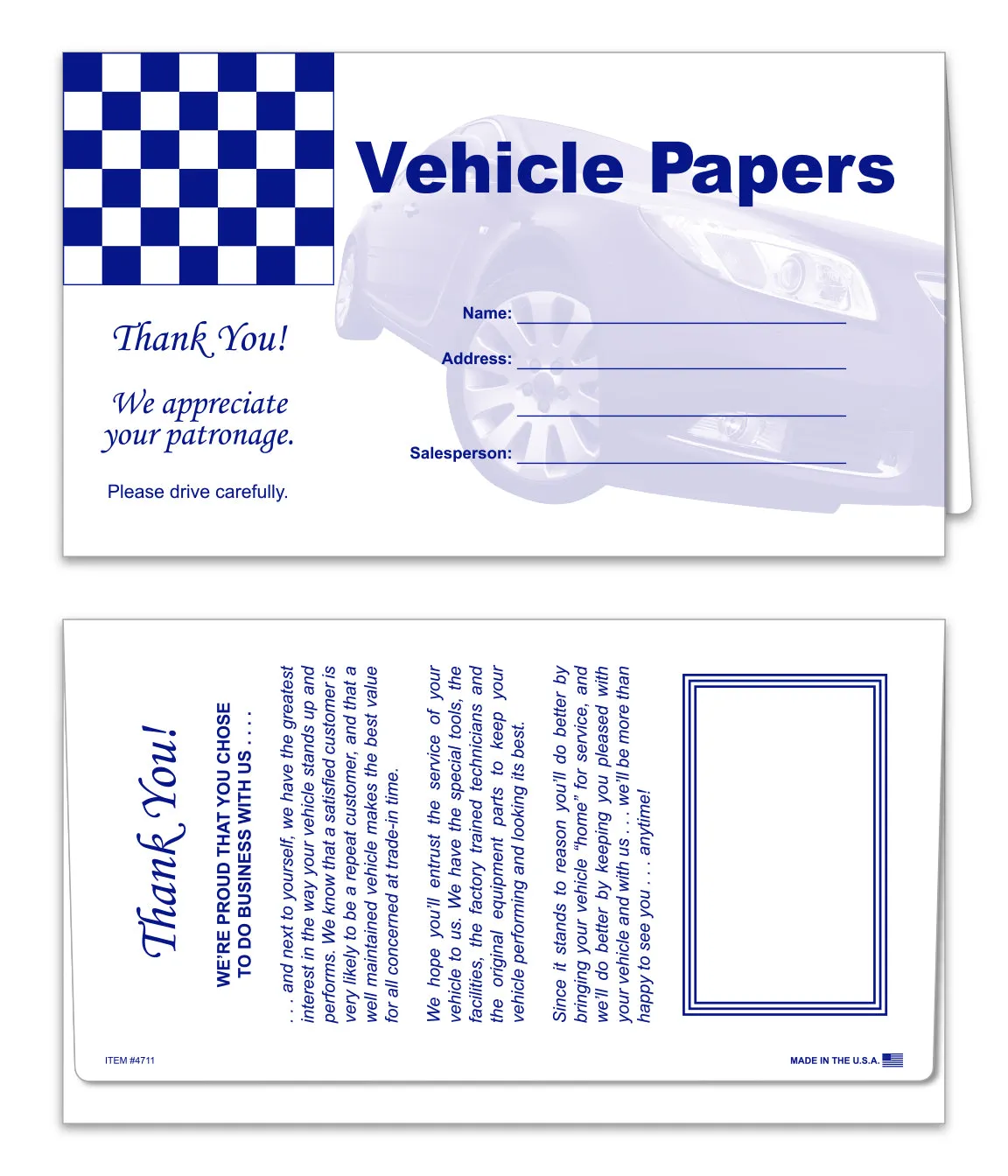 Premium Vehicle Paper Wallets - Blue Checker Flag Design - 6" x 10-1/2" - Durable Holders for Registration, Insurance, and Maintenance Records