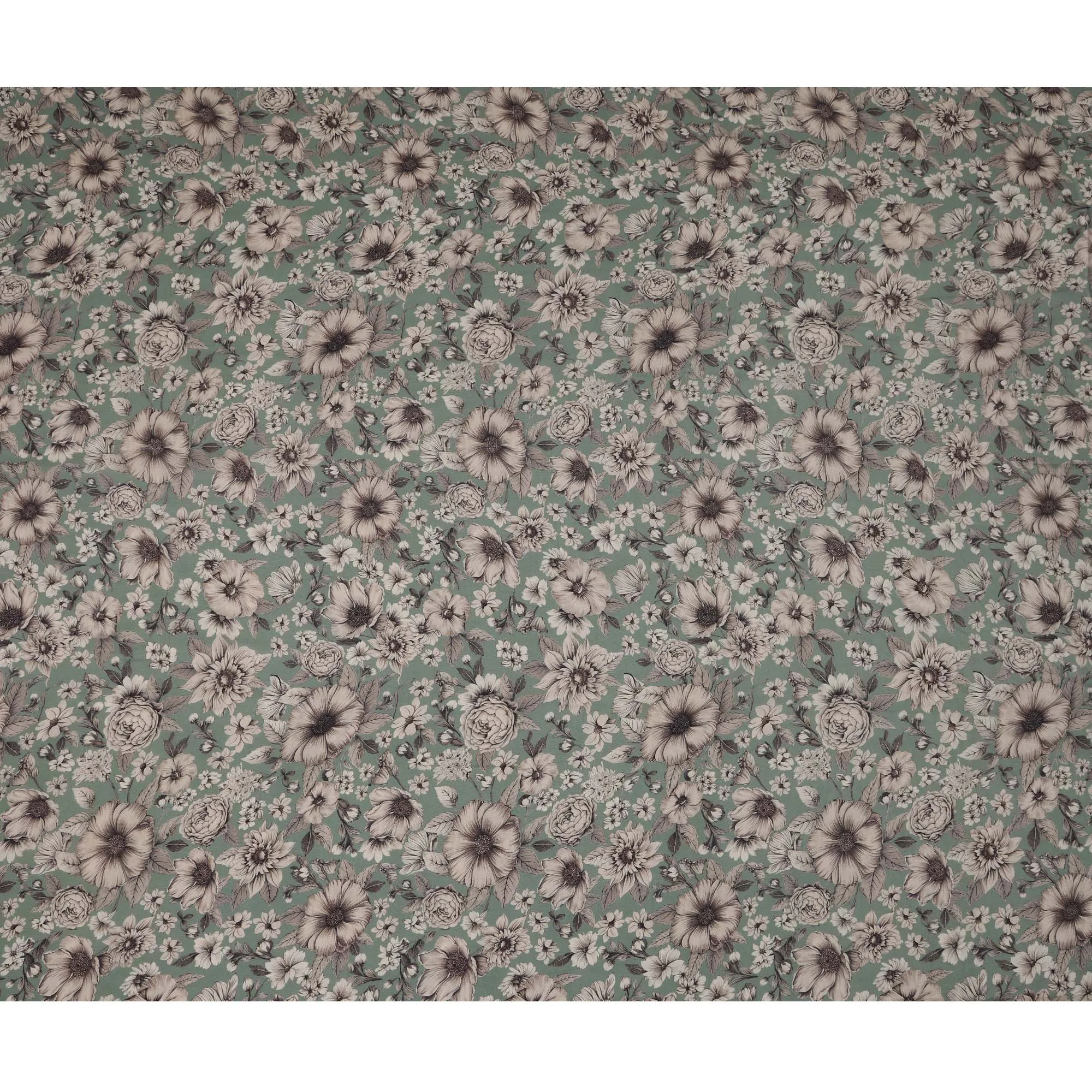 Sage Green Viscose Digital Printed Fabric with Vintage Floral Design, 110 cm Width-D21311