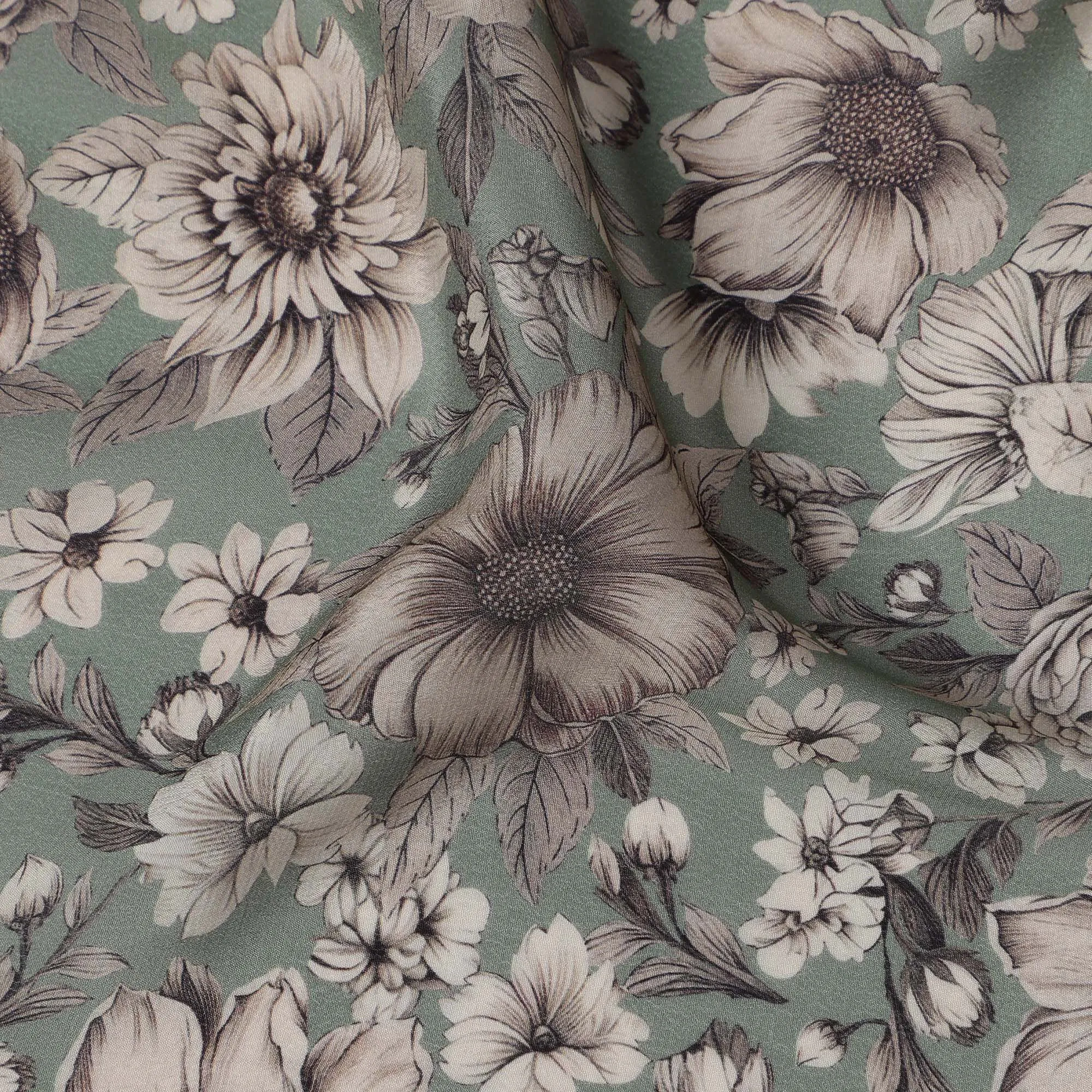 Sage Green Viscose Digital Printed Fabric with Vintage Floral Design, 110 cm Width-D21311