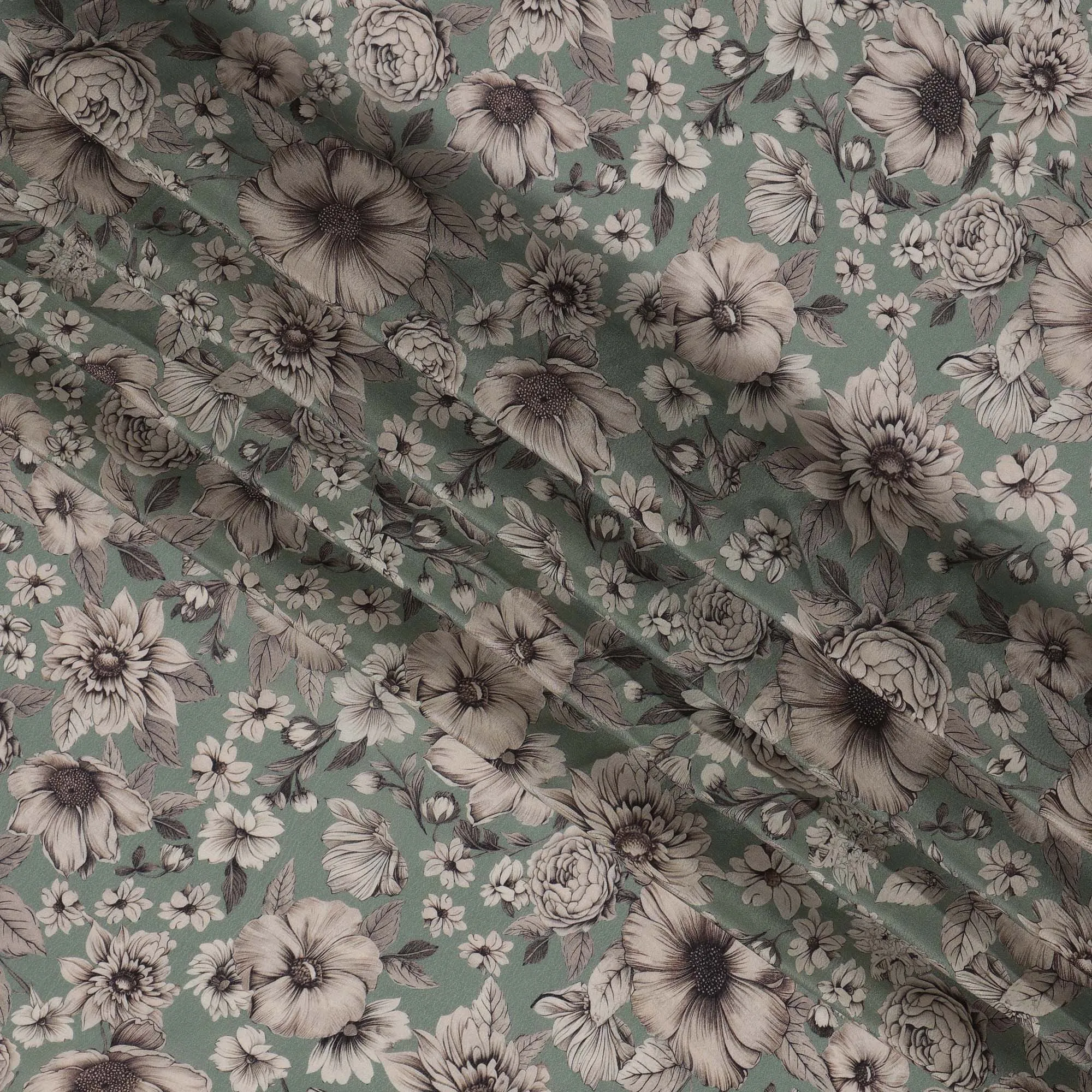 Sage Green Viscose Digital Printed Fabric with Vintage Floral Design, 110 cm Width-D21311