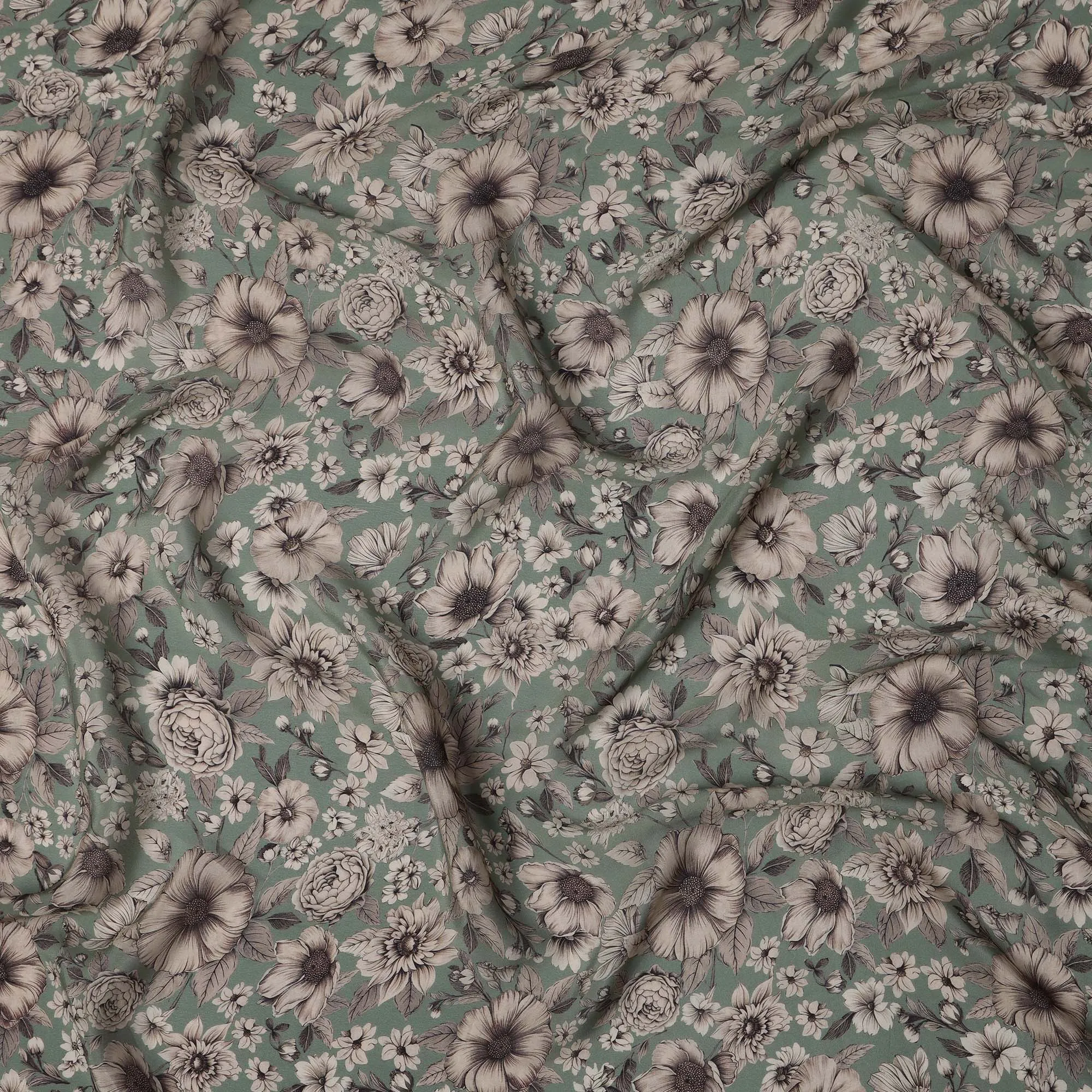 Sage Green Viscose Digital Printed Fabric with Vintage Floral Design, 110 cm Width-D21311