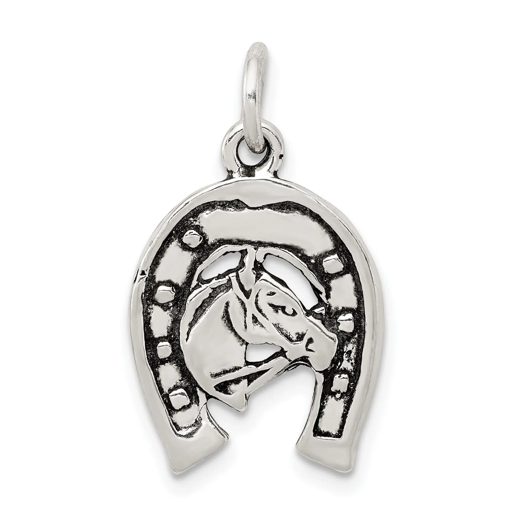 Silver Antiqued Finish Horse in Horseshoe Charm