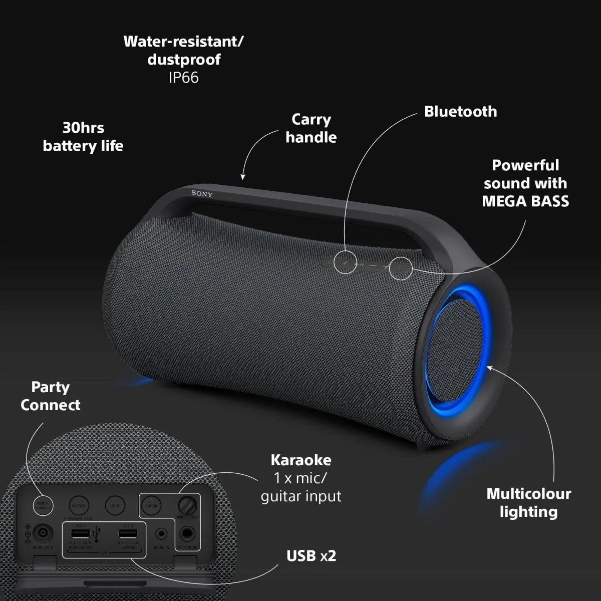 Sony SRSXG500 Wireless Bluetooth 2ch Mega Bass Portable Speaker - Black