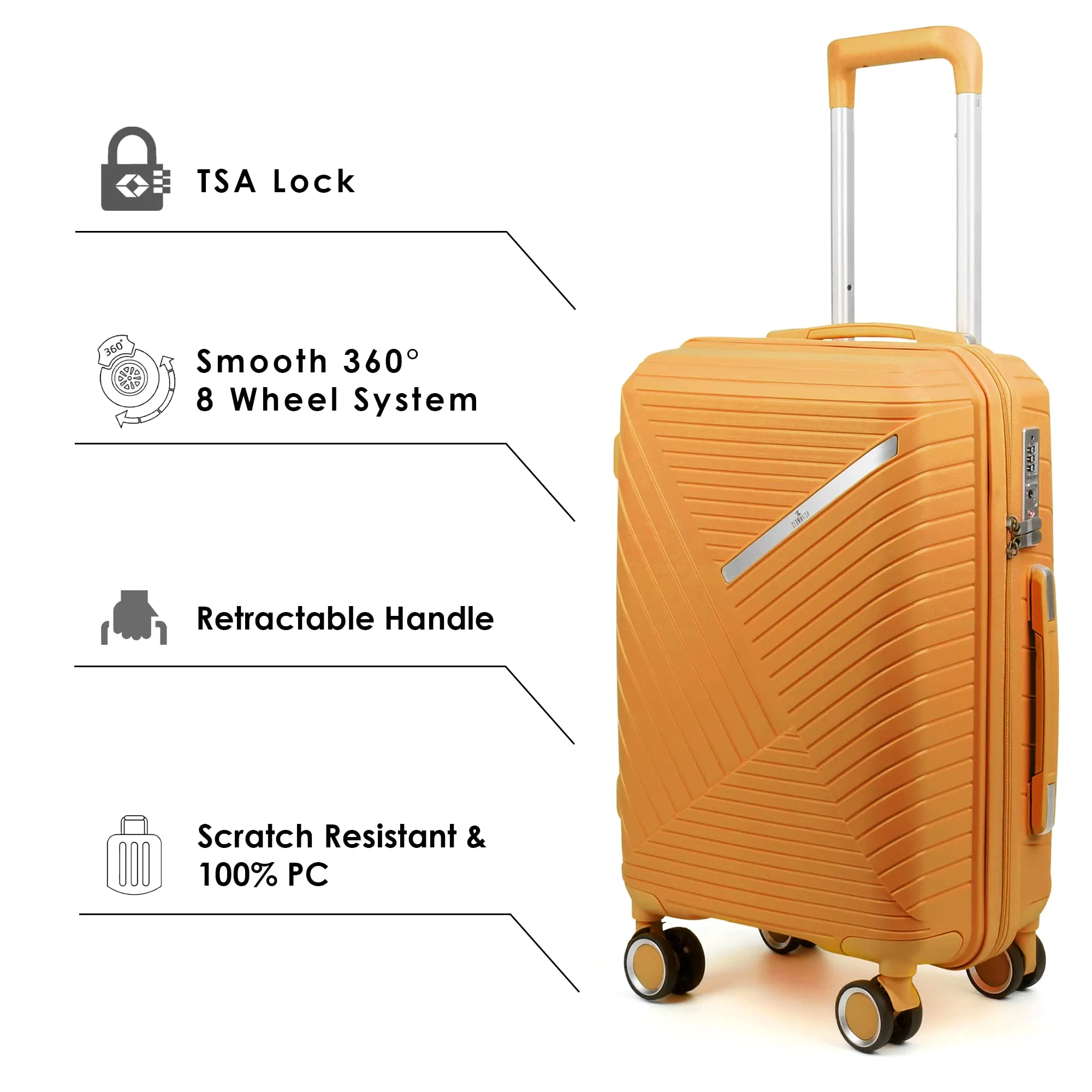 THE CLOWNFISH Denzel Series Luggage Polypropylene Hard Case Suitcase Eight Wheel Trolley Bag with TSA Lock- Orange (Small Size, 56 cm-22 inch)