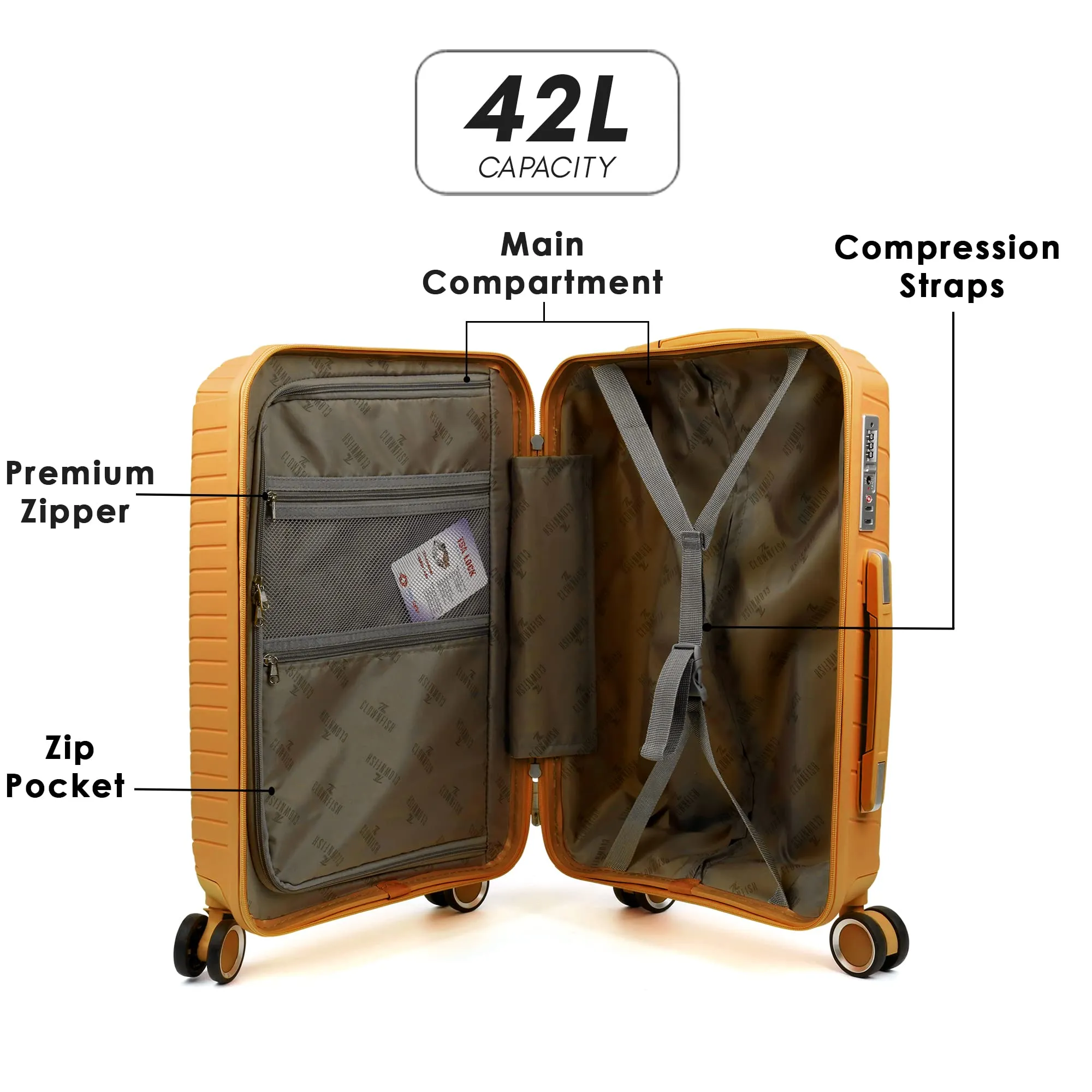 THE CLOWNFISH Denzel Series Luggage Polypropylene Hard Case Suitcase Eight Wheel Trolley Bag with TSA Lock- Orange (Small Size, 56 cm-22 inch)