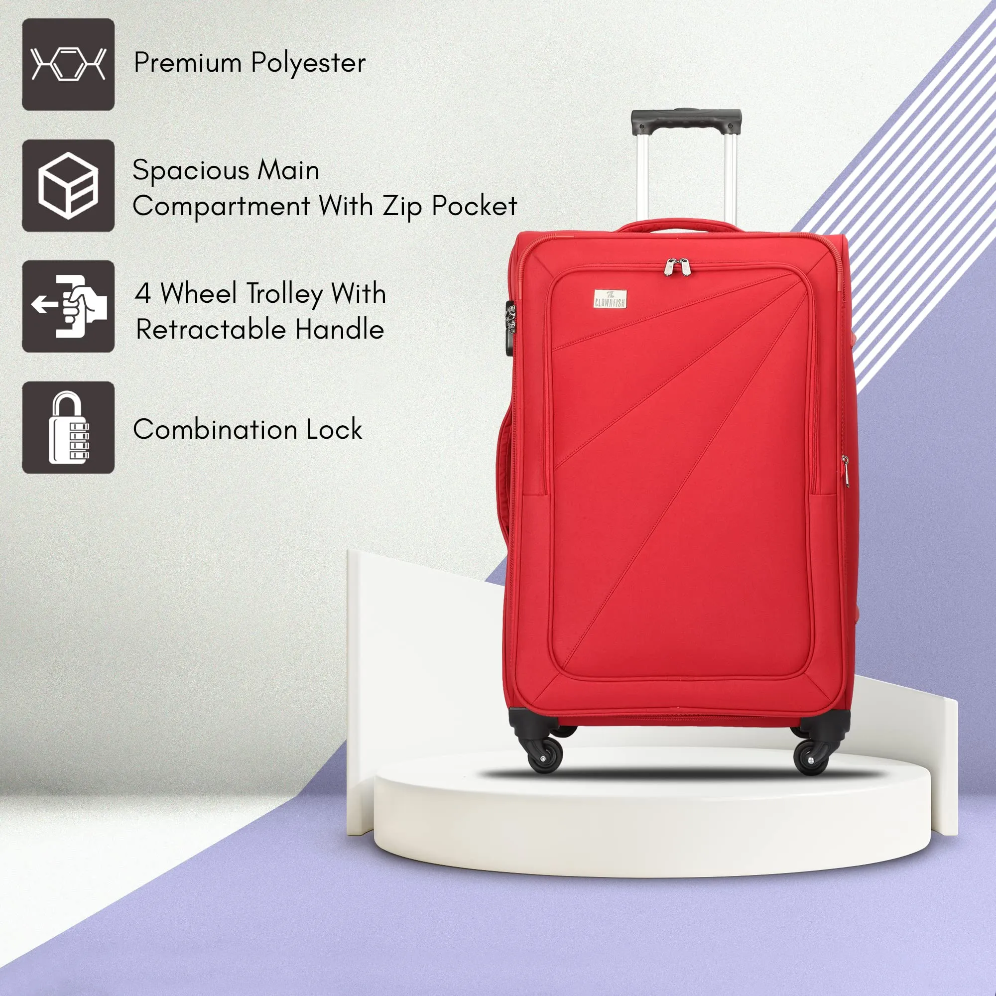 THE CLOWNFISH Farren Luggage Polyester Softcase Suitcase Four Wheel Trolley Bag- Red (Large Size- 76 cm)