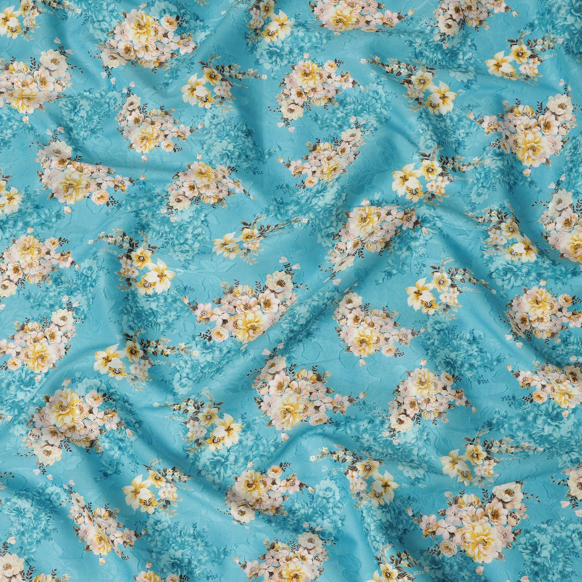 Turquoise Floral Cotton Uragiri Voile Fabric having Jacquard, 110 cm Width-D20566