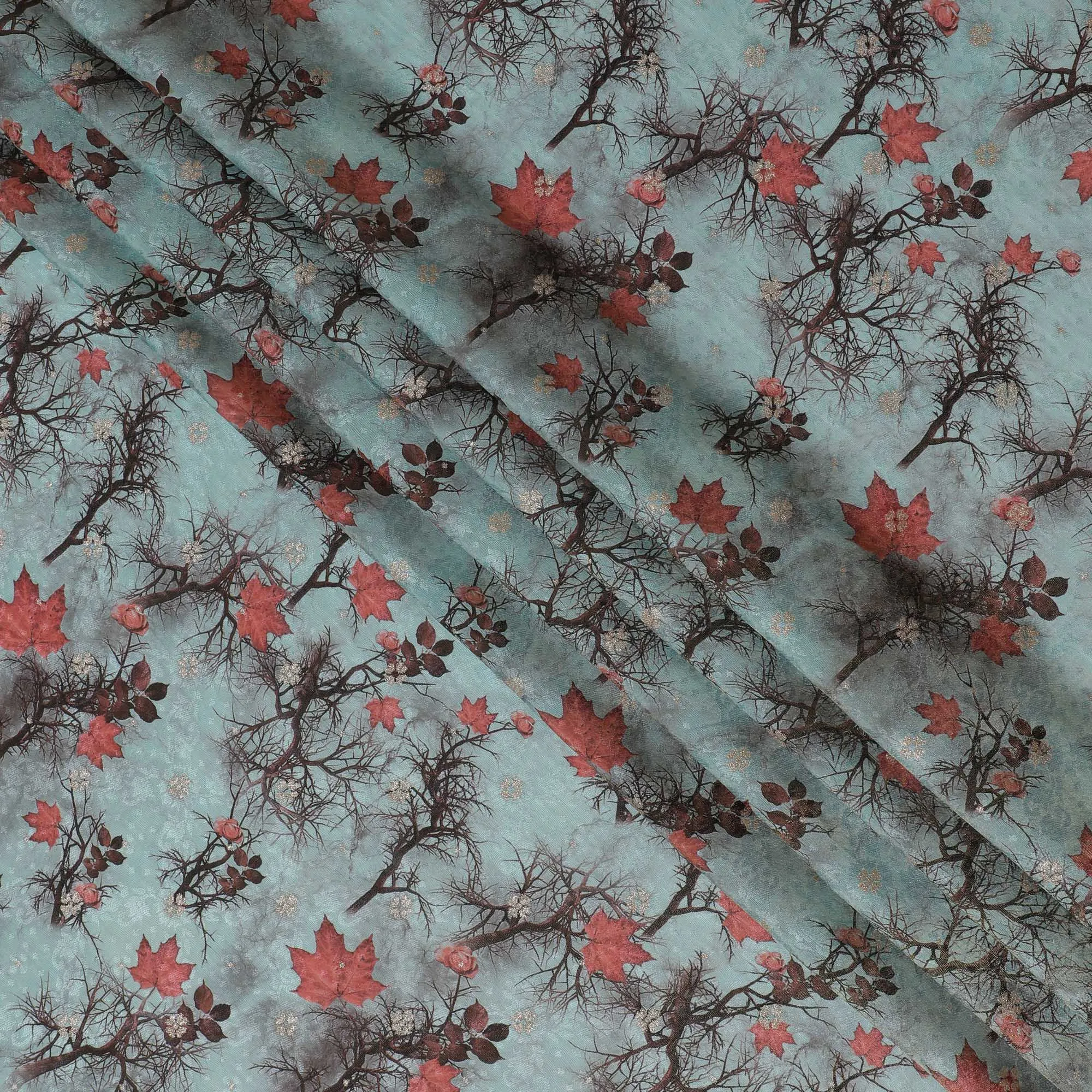 Whimsical Autumn Viscose Fabric with Digital Print of Red Leaves, 110 cm Wide-D19202