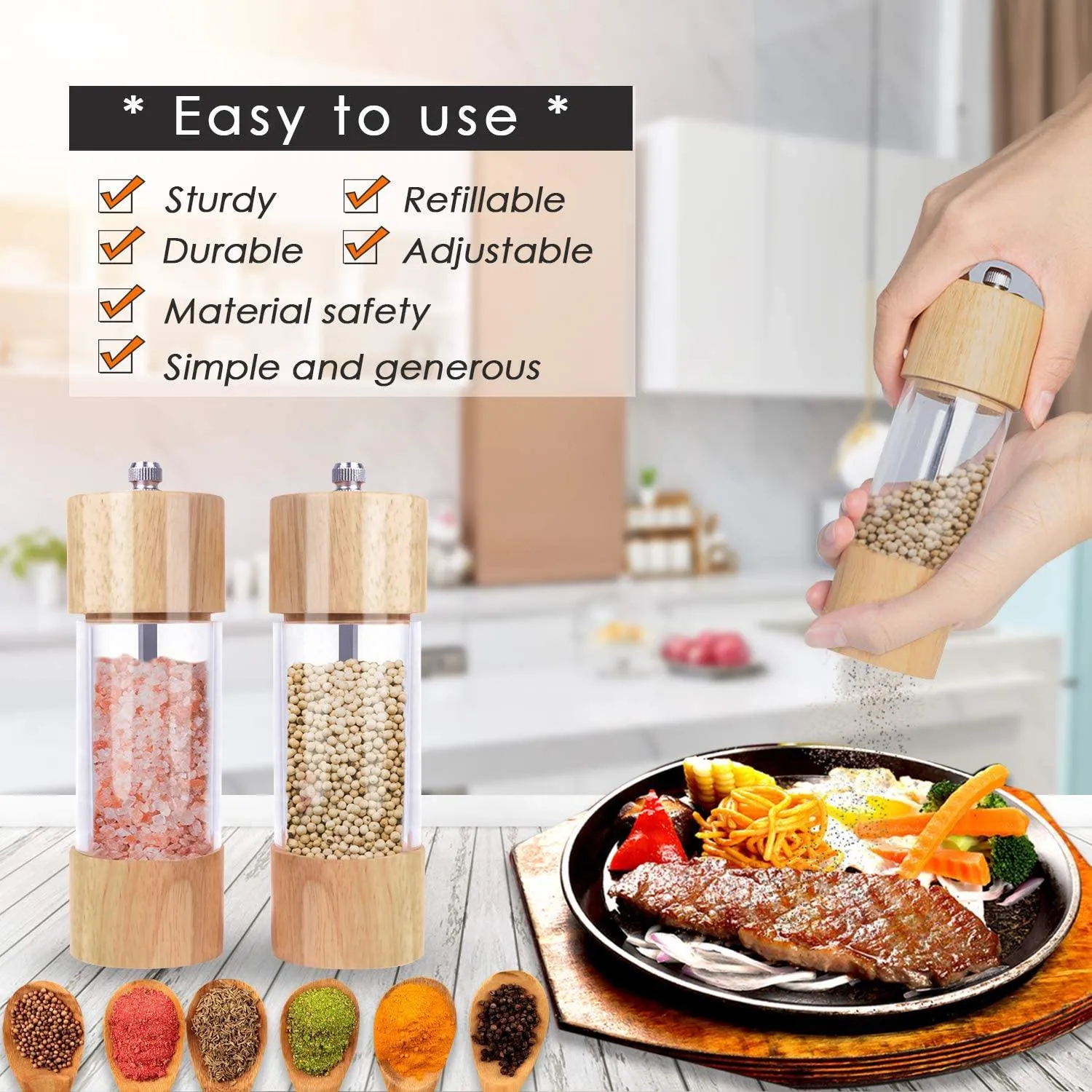 ﻿Wooden Salt and Pepper Grinder Set Manual Salt and Pepper Mills