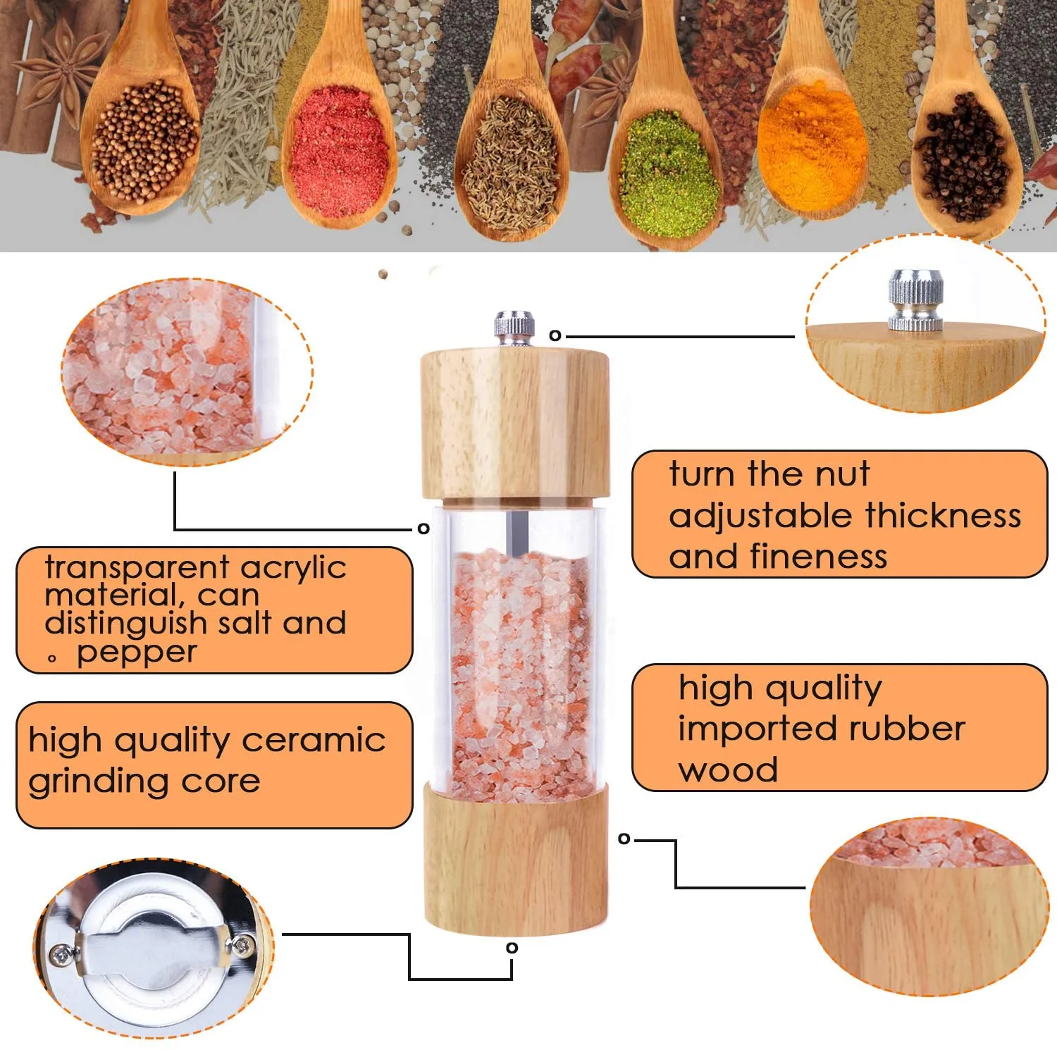 ﻿Wooden Salt and Pepper Grinder Set Manual Salt and Pepper Mills